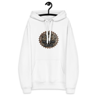 White hoodie with 'Freedom Riders' logo on a hanger against a white background