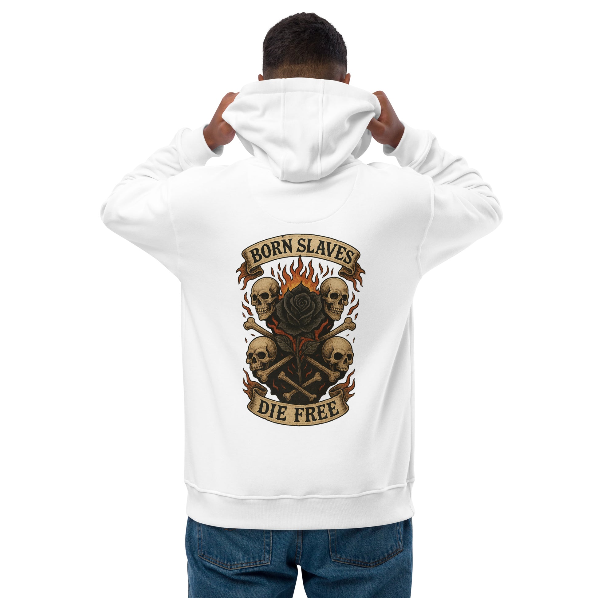 Person wearing a white hoodie with a graphic design on the back, featuring skulls and text.