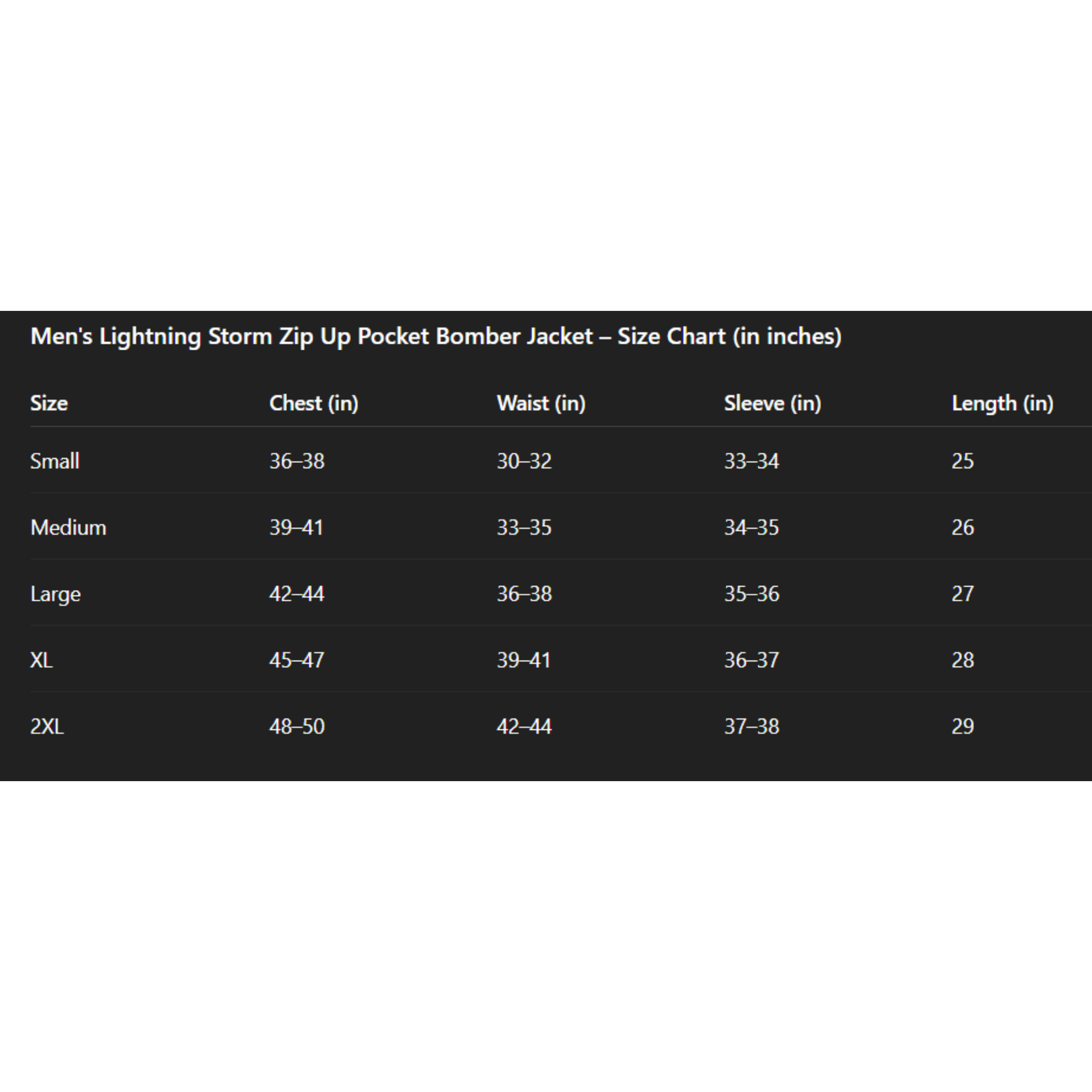 Size chart for Men's Lightning Storm Zip Up Pocket Bomber Jacket on a white background