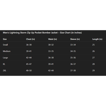 Size chart for Men's Lightning Storm Zip Up Pocket Bomber Jacket on a white background