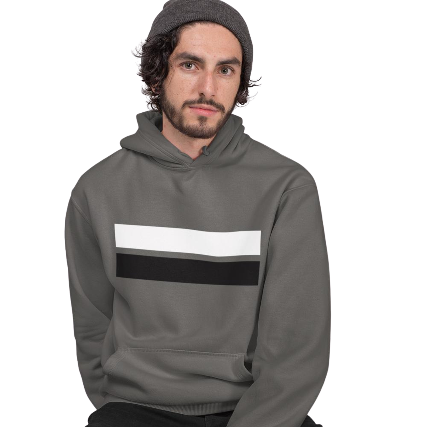 Man wearing a gray hoodie with a white and black stripe on a white background