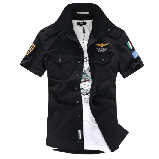 Black button up shirt with military style logos