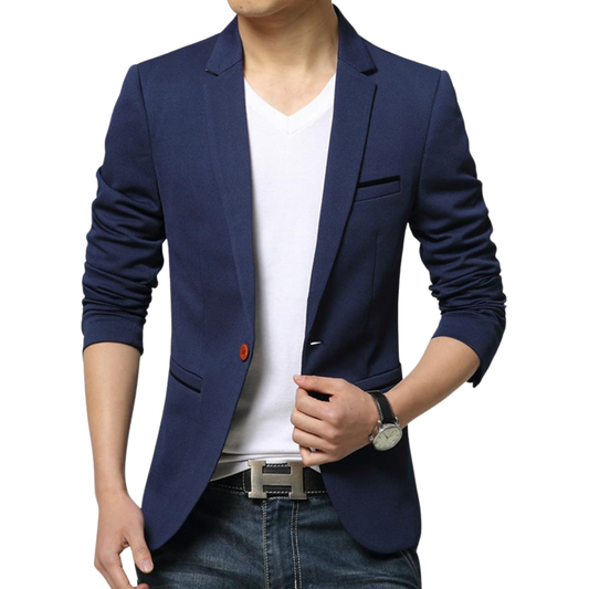 Man wearing a navy blue slim fit blazer