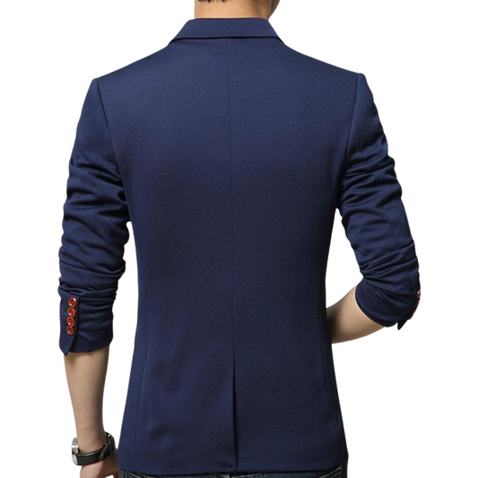 Man wearing a navy blue slim fit blazer