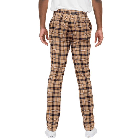 Men's Slim Fit Luxe Plaid Brown Chino Pants featuring a brown, black, and white plaid pattern.