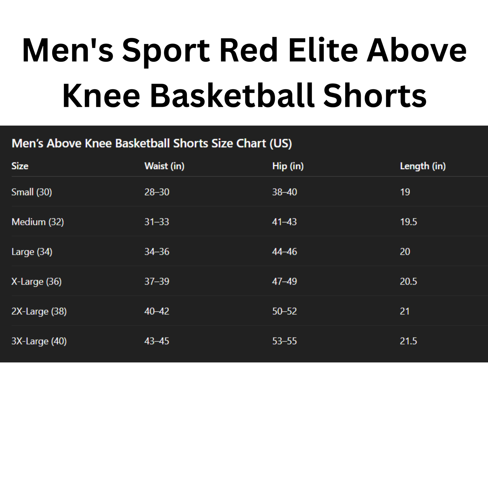 size chart for Men's Sport Red Elite Above Knee Basketball Shorts