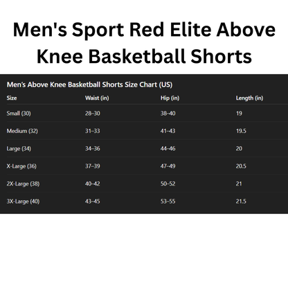 size chart for Men's Sport Red Elite Above Knee Basketball Shorts