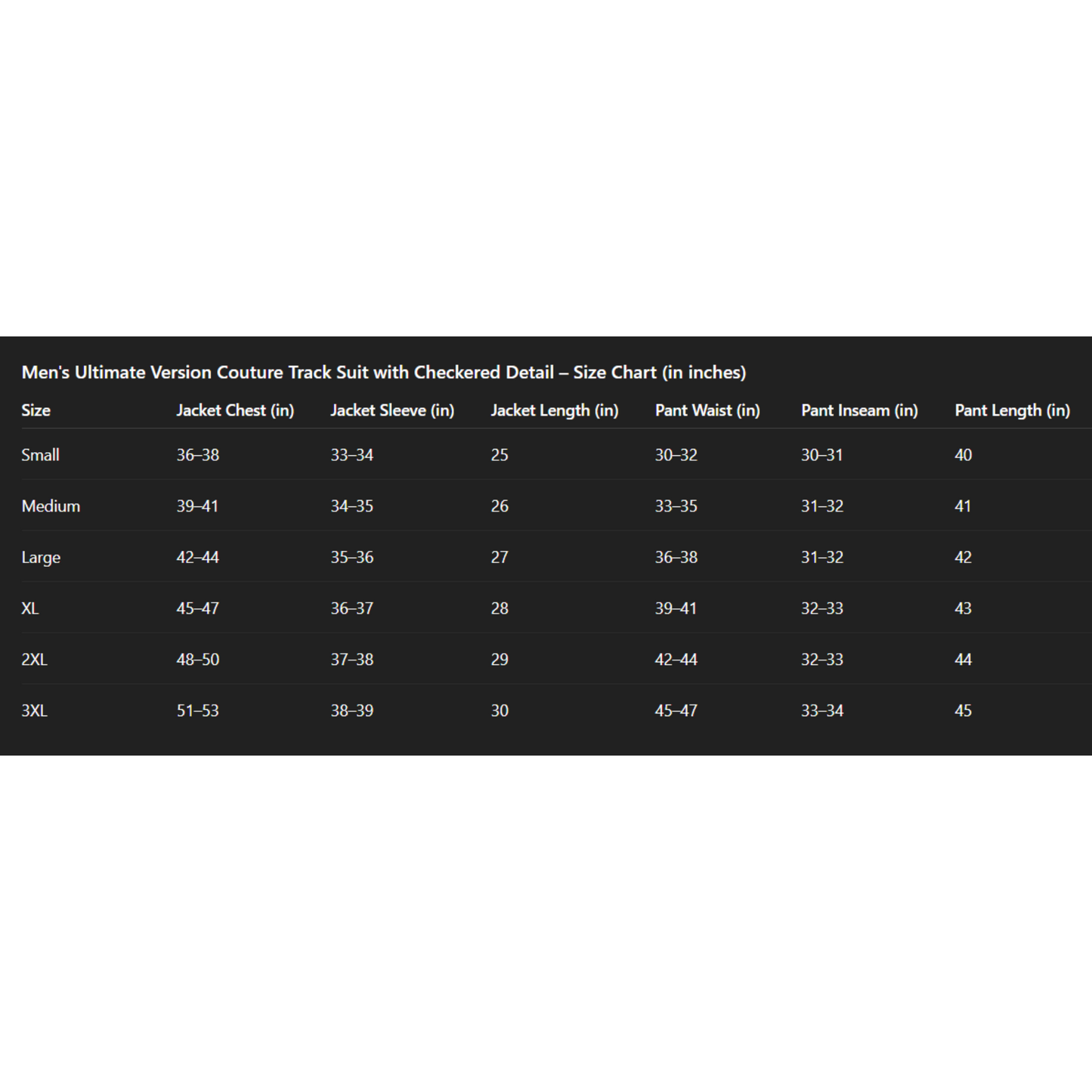 Size chart for men's ultimate version couture track suit with checked detail on a white background.
