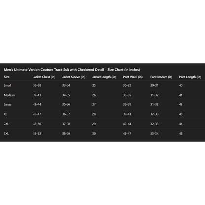 Size chart for men's ultimate version couture track suit with checked detail on a white background.