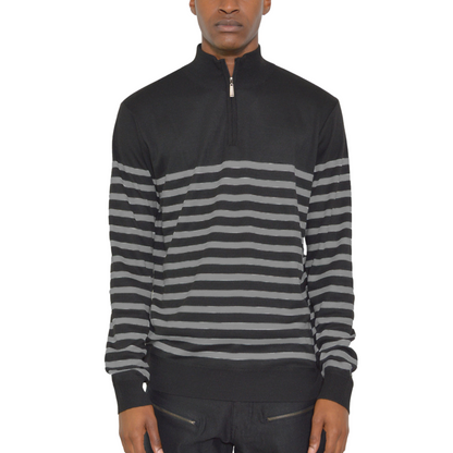 Men's Casual Quarter Zip Black and Gray Stripes Sweater