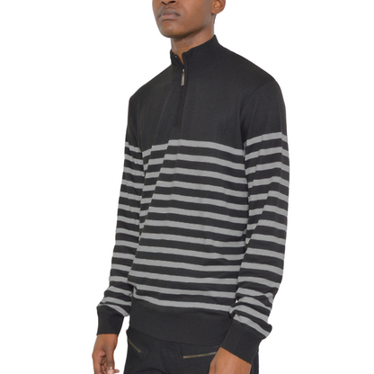 Men's Casual Quarter Zip Black and Gray Stripes Sweater