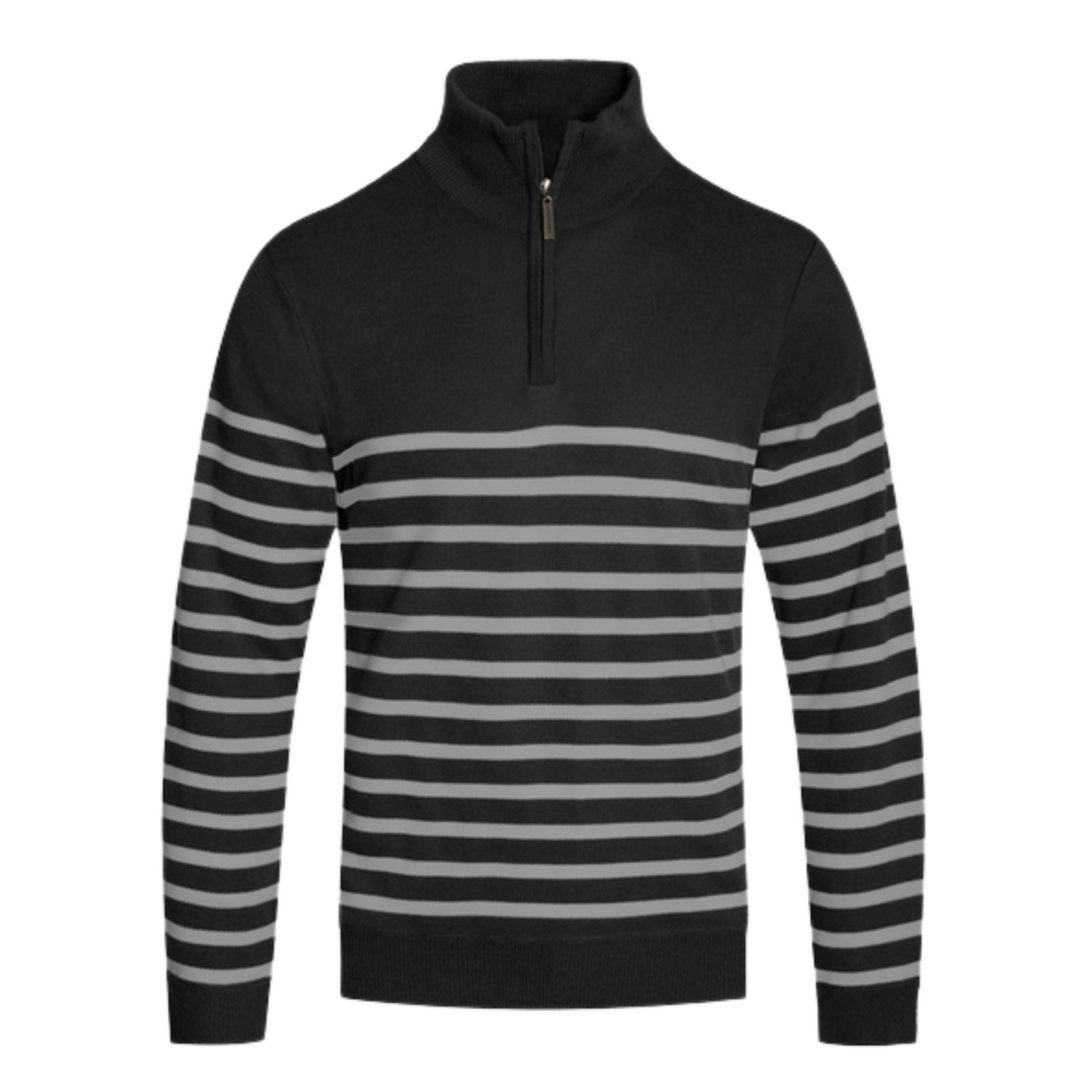 Men's Casual Quarter Zip Black and Gray Stripes Sweater