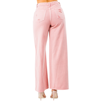 Women's American Bazi High Rise Pink Wide Leg Jeans with distressed details, wide-leg silhouette, and flattering high waist for a stylish and relaxed fit.