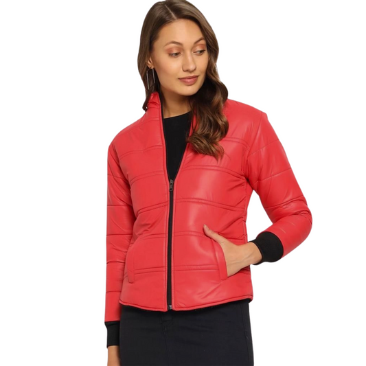 Women's Casual Red Puffer Zipper Jacket