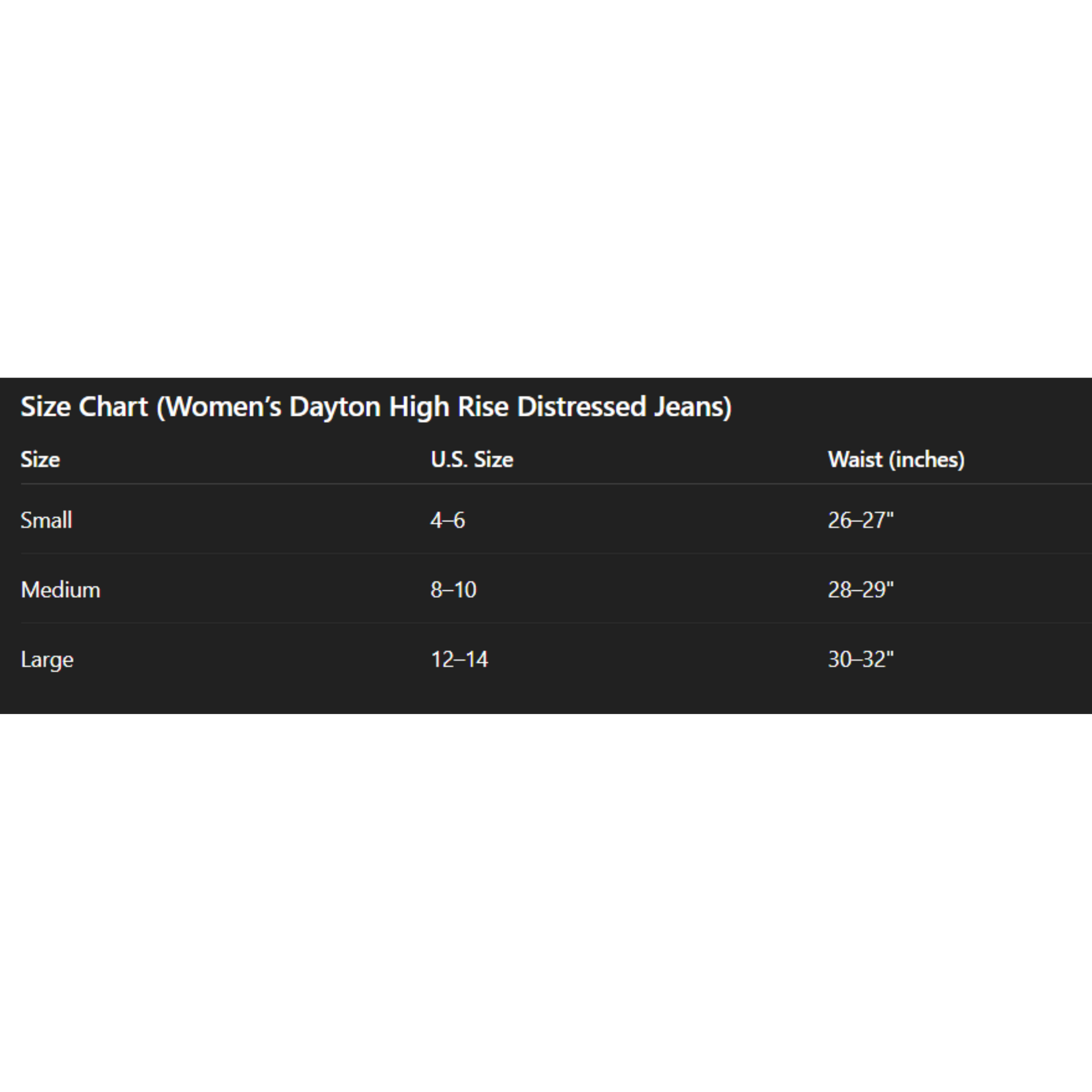 Size chart for Women's Dayton High Rise Distressed Jeans on a white background