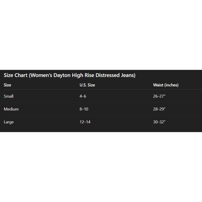 Size chart for Women's Dayton High Rise Distressed Jeans on a white background