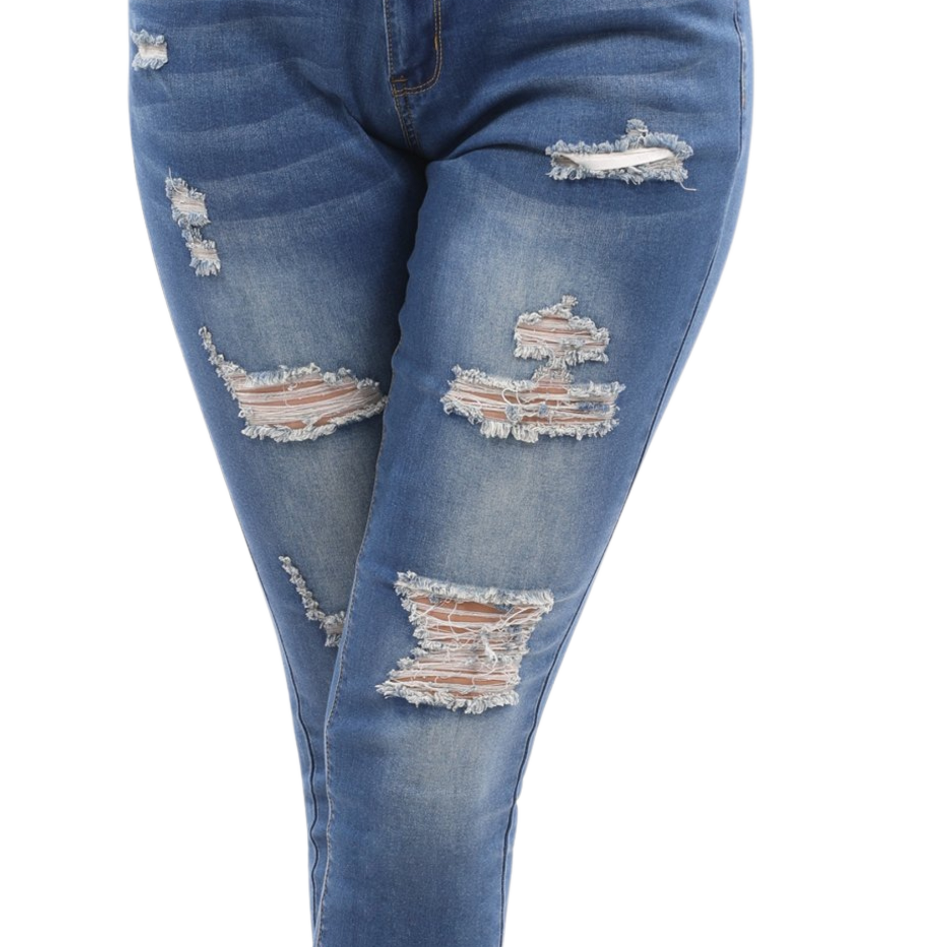Blue jeans with distressed details on a white background