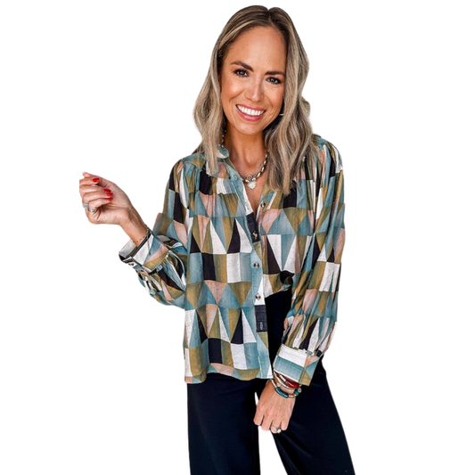 Woman wearing a patterned shirt on a white background