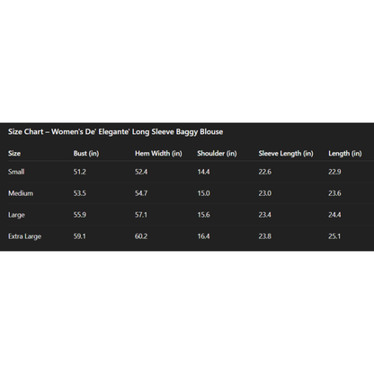 Size chart for Women's De' Elegante Long Sleeve Baggy Blouse with measurements in inches.