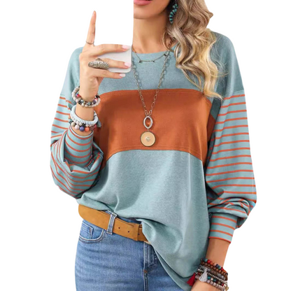 Women's Elegant Long Sleeve Striped Oversize Henley Shirt in a bold color block design, crafted from polyester and elastane for breathability and comfort.