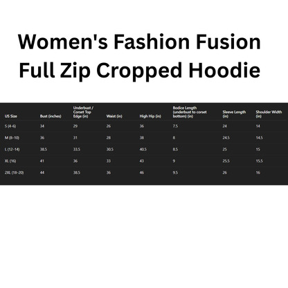 Size chart for women's fashion fusion full zip cropped hoodie with measurements.