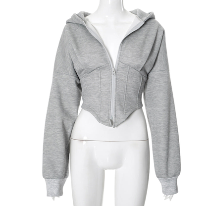 Gray zip-up hoodie on a white mannequin against a white background