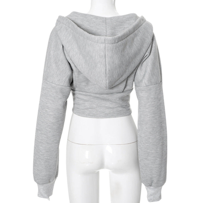 Gray cropped hoodie on a mannequin against a white background