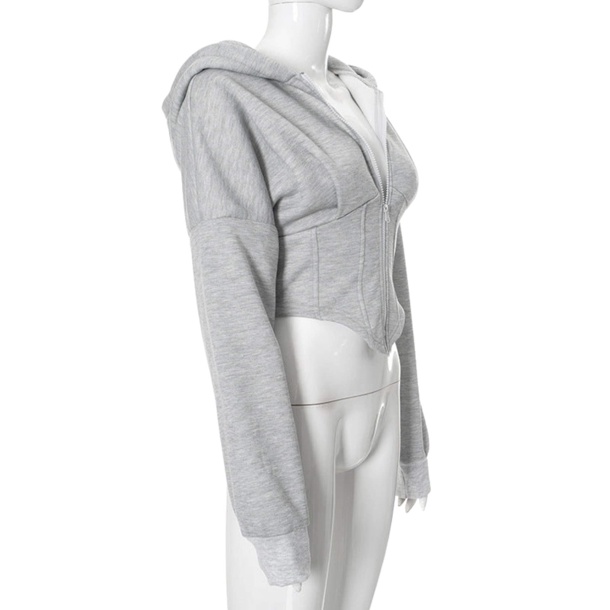 Gray hoodie on a mannequin against a white background
