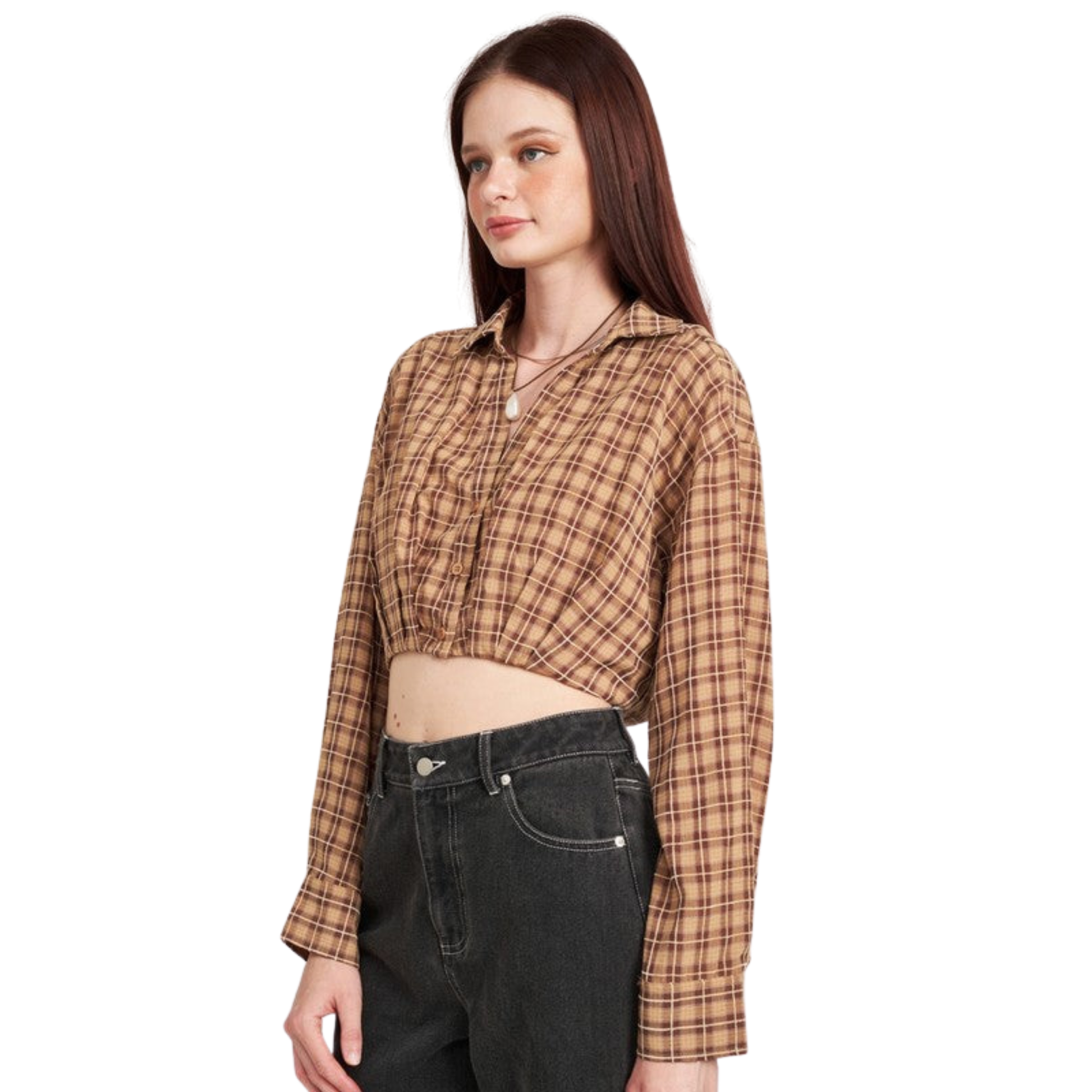 Person wearing a plaid shirt and black pants on a white background