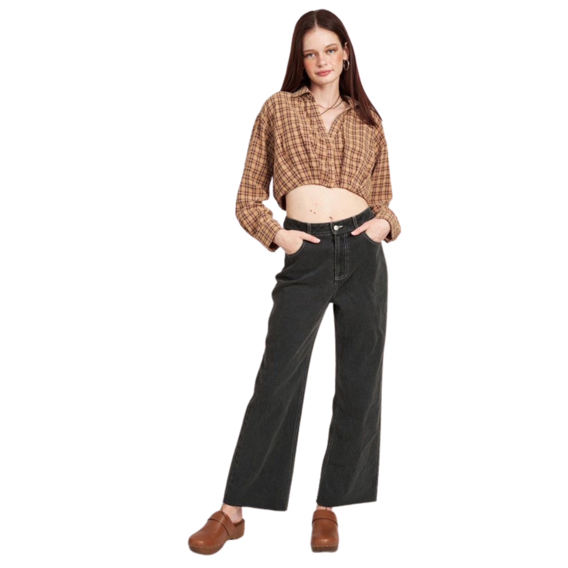 Woman wearing a plaid shirt and black pants on a white background