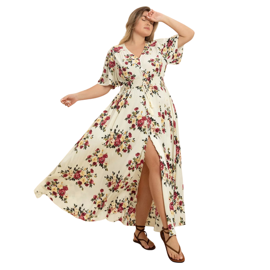 Woman wearing a floral dress on a white background