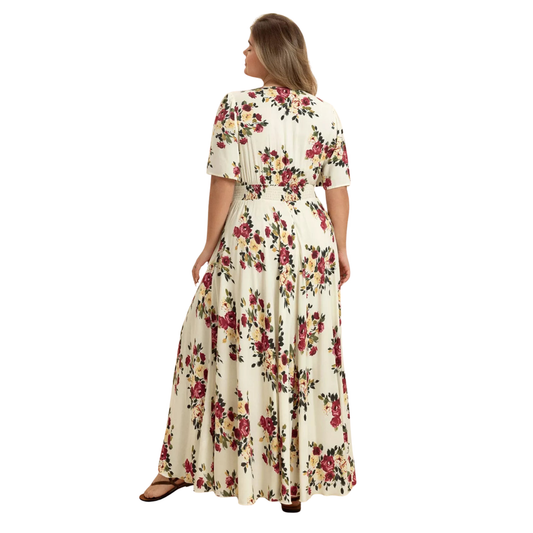 Woman wearing a floral dress on a white background