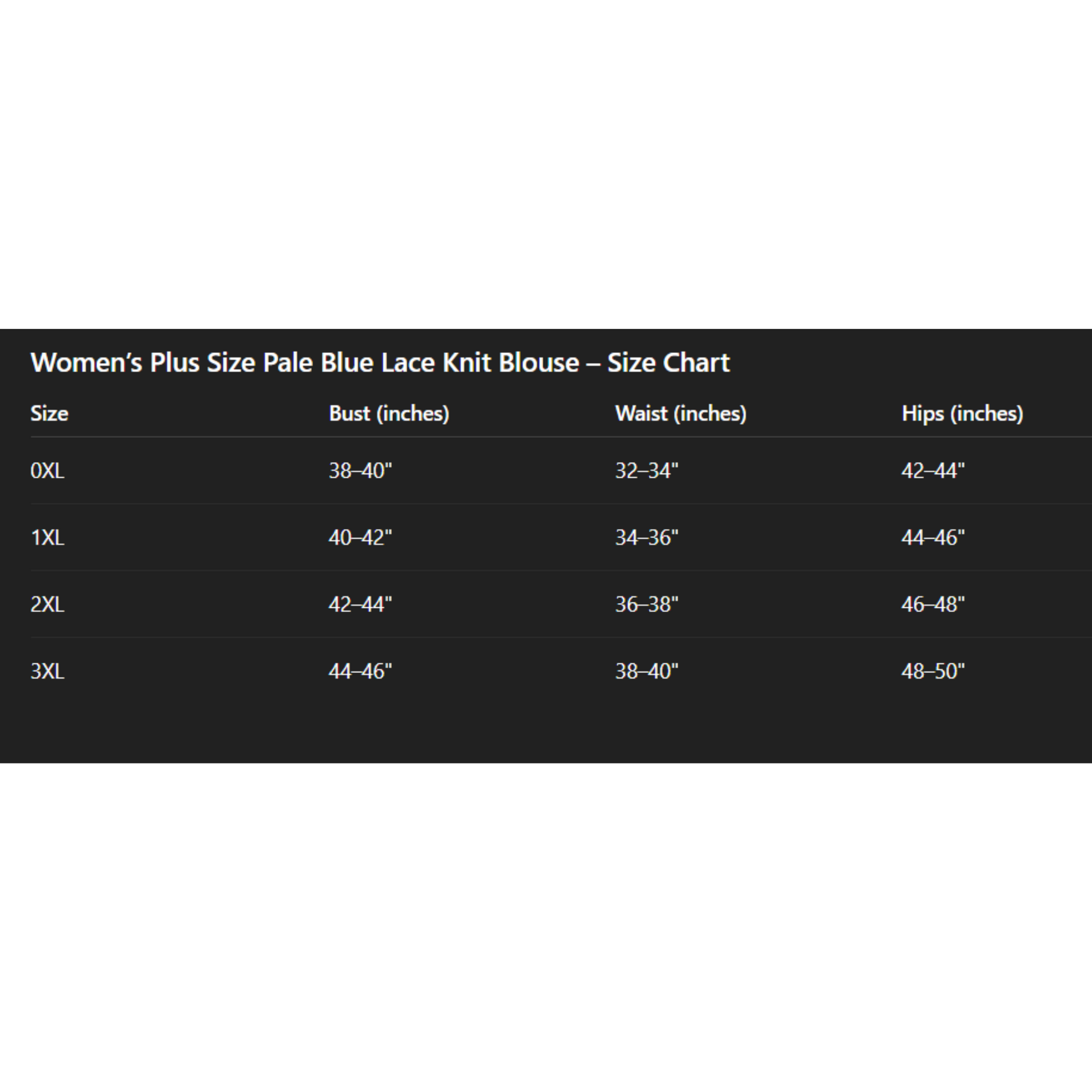 Size chart for Women's Plus Size Pale Blue Lace Knit Blouse on a white background