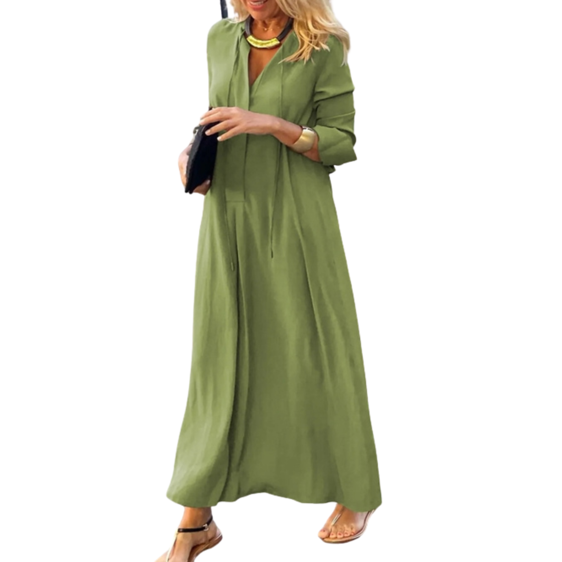 Woman wearing a green dress on a white background