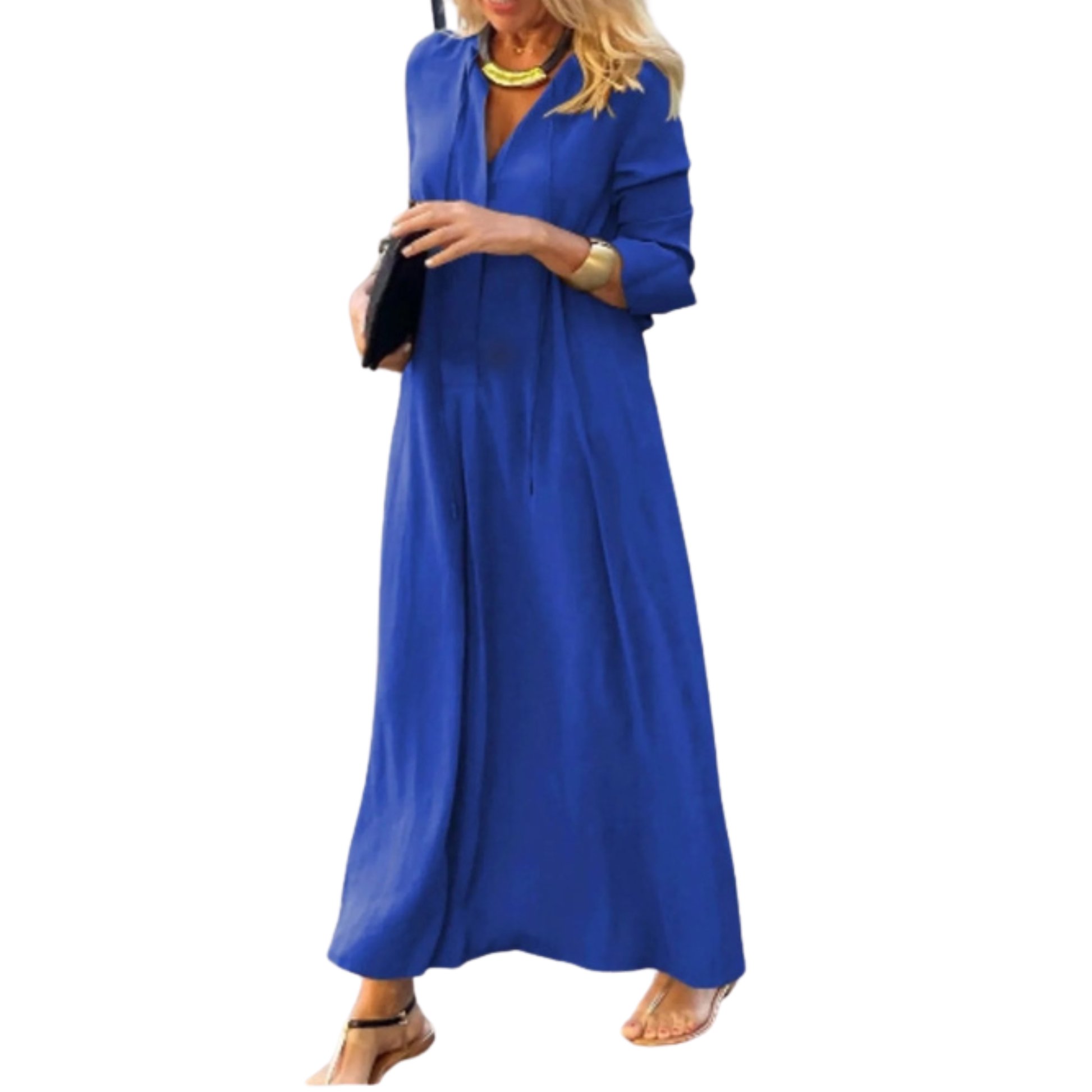 Woman wearing a blue long dress on a white background