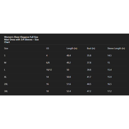 Size chart for women's sheer elegance full-sizemaid dress with 3/4 sleeves on a white background.